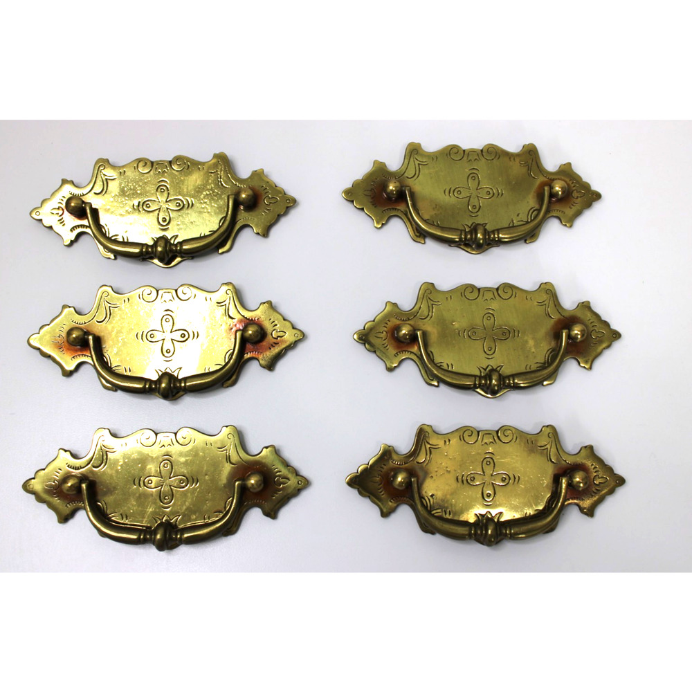 Set of 6 Vintage Brass Drawer Pulls Chippendale Style Cabinet Handles Hardware